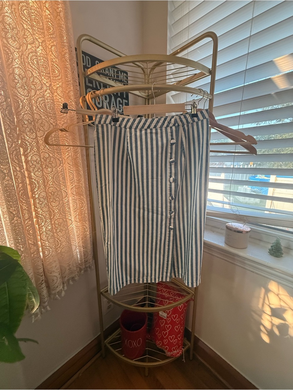 Forever 21 Blue & White Striped Button-Front Midi Skirt